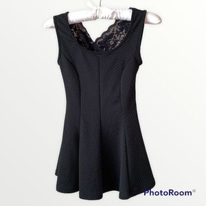 Black Sleeveless Top with Black Lace CrissCross Back & Peplum Waist Size Small